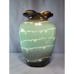 Drip Lava Vase Glazed German Tulip UNIQUE Green Black & Gold Vintage 8.5''